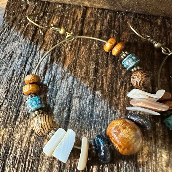 Handmade Western Hippie Copper Wire Natural Wooden Beads Drop Earrings, Gift Box - Picture 6 of 7